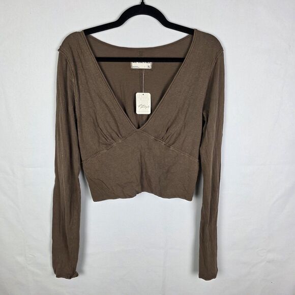 NWT Free People Ivy Reverse Seam V-neck Long Sleeved Top Size XL Neutral Y2K - Picture 2 of 7